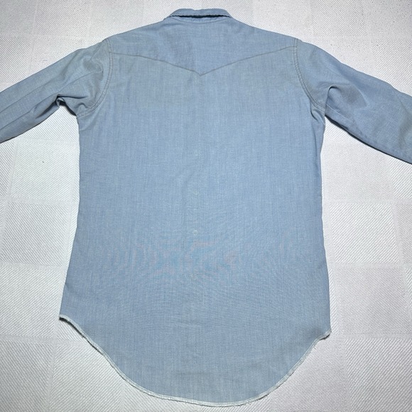 Vintage 80s Wrangler Pearl Snap Shirt Mens 15.5-32 Chambray Western Flap Pocket - Picture 6 of 11
